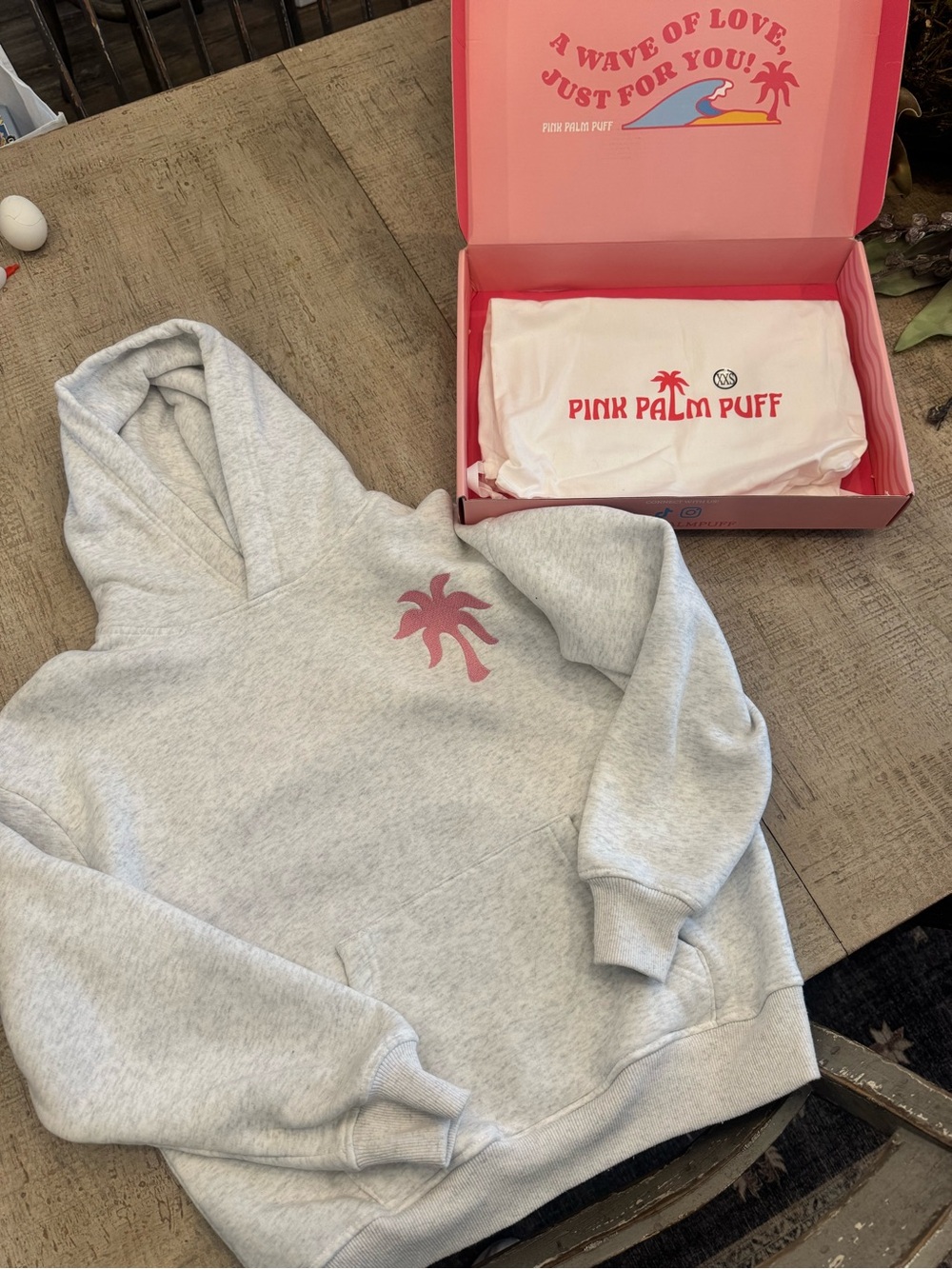 Pink Palm Puff Kids' Light Gray Hoodie with Pink Palm Logo